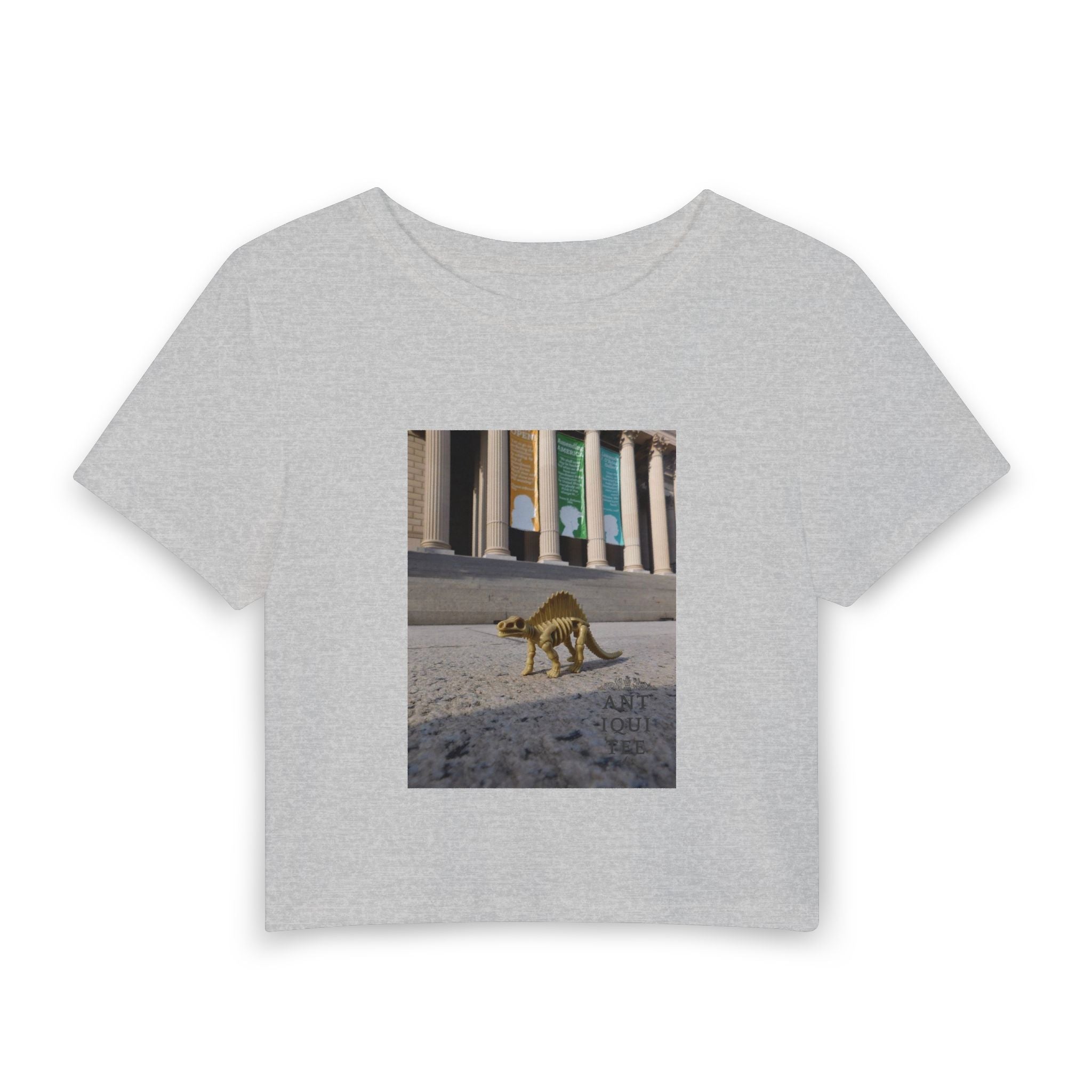 Vintage Dinosaur Visiting a Museum Baby Tee — Urban Wildlife Graphic Women’s Crop Top