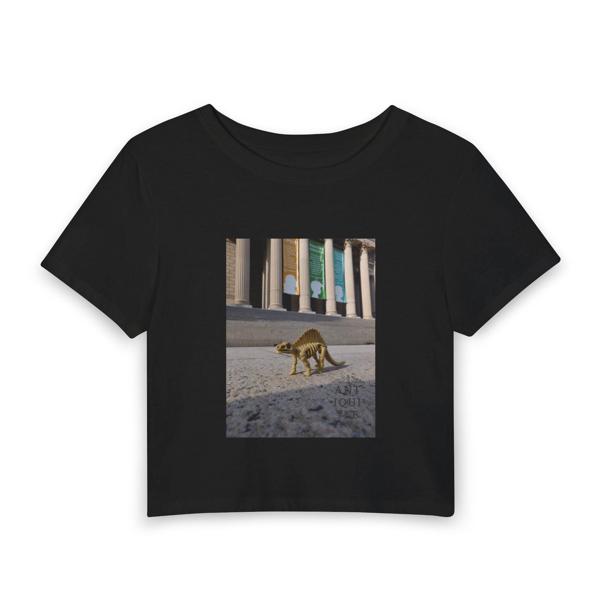 Vintage Dinosaur Visiting a Museum Baby Tee — Urban Wildlife Graphic Women’s Crop Top