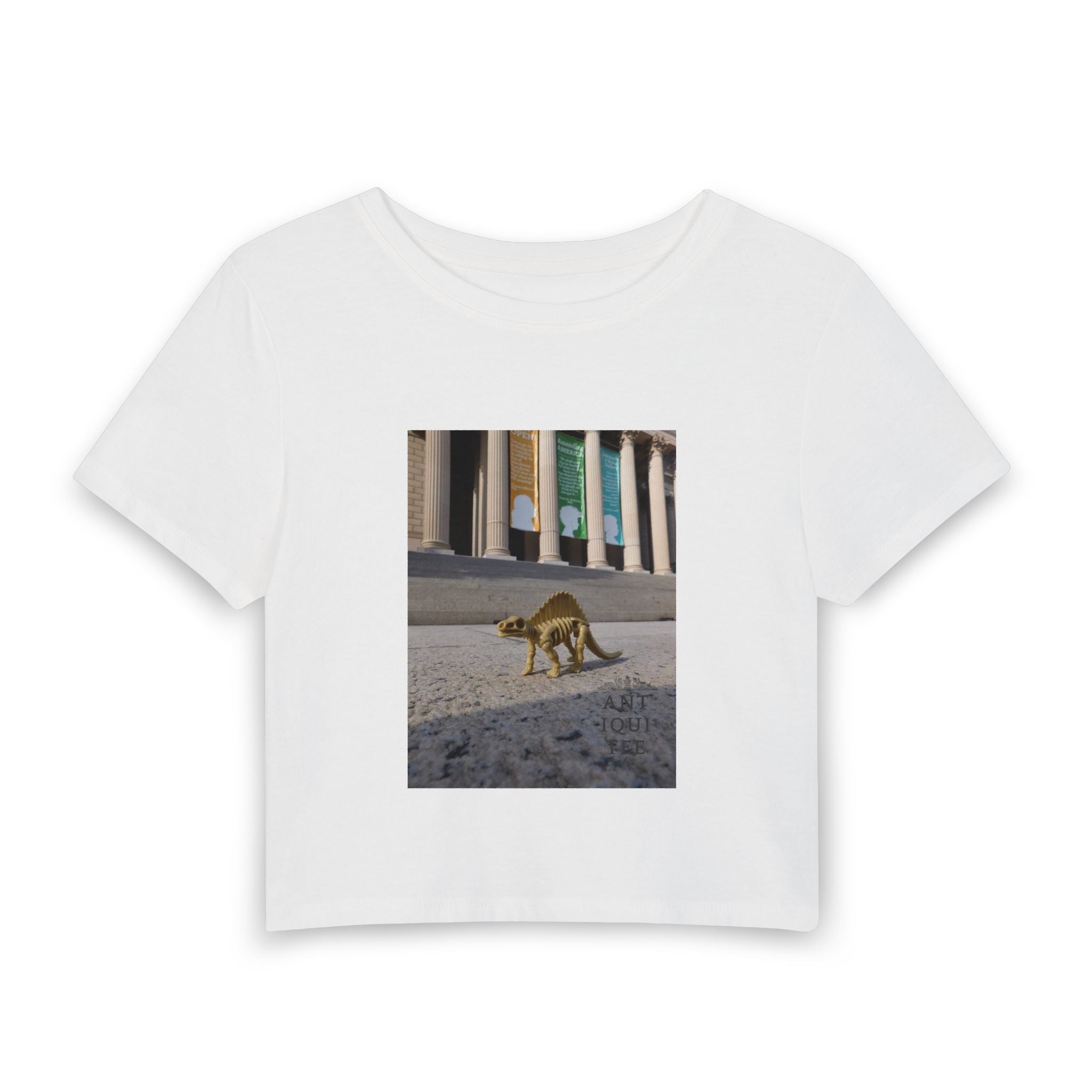 Vintage Dinosaur Visiting a Museum Baby Tee — Urban Wildlife Graphic Women’s Crop Top